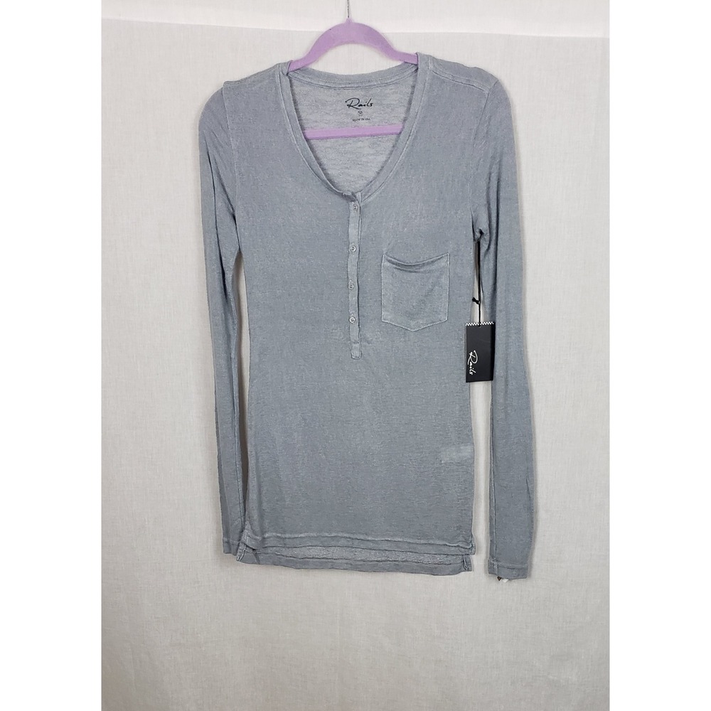 Rails Womens Long Sleeve Henley Top Light Blue Grey Heathered Pocket M Casual